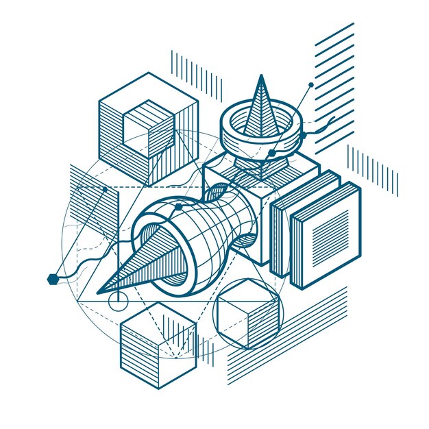 Vector abstract background with isometric elements, vector linear art with lines and shapes. cubes, hexagons, squares, rectangles and different abstract elements.