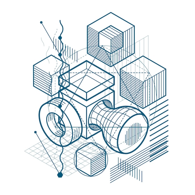 Vector abstract background with isometric elements, vector linear art with lines and shapes. cubes, hexagons, squares, rectangles and different abstract elements.