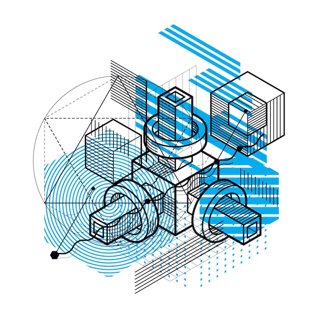 Vector abstract background with isometric elements, vector linear art with lines and shapes. cubes, hexagons, squares, rectangles and different abstract elements.
