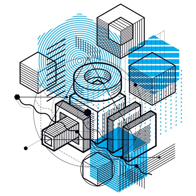 Vector abstract background with isometric elements, vector linear art with lines and shapes. cubes, hexagons, squares, rectangles and different abstract elements.