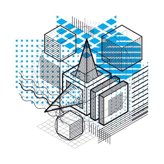 Vector abstract background with isometric elements, vector linear art with lines and shapes. cubes, hexagons, squares, rectangles and different abstract elements.