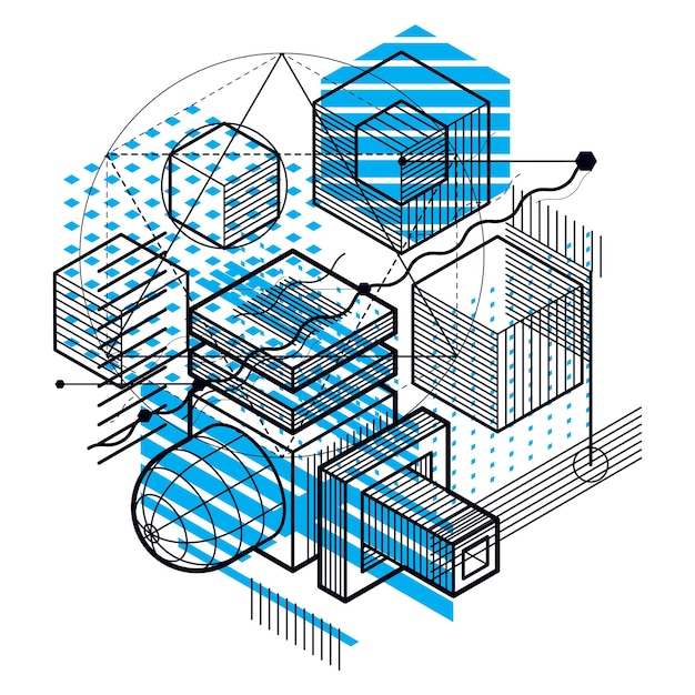Vector abstract background with isometric elements, vector linear art with lines and shapes. cubes, hexagons, squares, rectangles and different abstract elements.