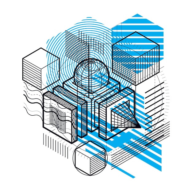 Vector abstract background with isometric elements, vector linear art with lines and shapes. cubes, hexagons, squares, rectangles and different abstract elements.