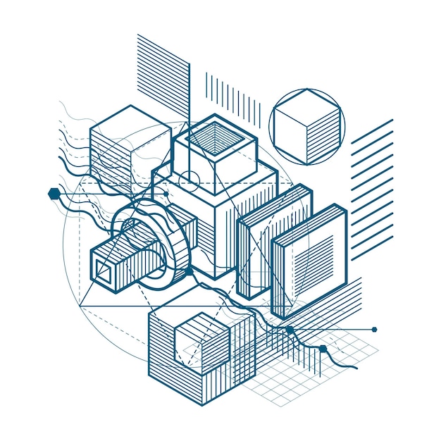 Vector abstract background with isometric lines, vector illustration. template made with cubes, hexagons, squares, rectangles and different abstract elements.