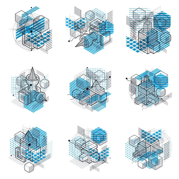 Vector abstract backgrounds with isometric elements, vector linear art with lines and shapes. cubes, hexagons, squares, rectangles and different abstract elements. vector set.