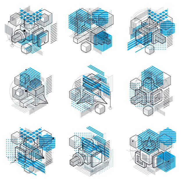 Vector abstract backgrounds with isometric elements, vector linear art with lines and shapes. cubes, hexagons, squares, rectangles and different abstract elements. vector set.