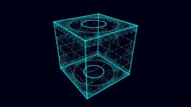 Vector abstract blue cube with connecting dots and lines big data visualization blockchain technology concept wireframe network connection structure with circle vector illustration