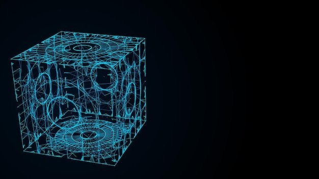 Vector abstract blue scifi cube with particle and line vector technology network connection on world global digital connections ai wireframe cube blockchain encryption