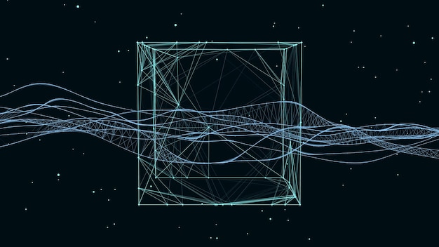 Vector abstract blue scifi cube with particle and line vector technology network connection on world global digital connections ai wireframe cube blockchain encryption