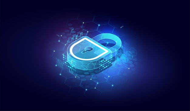 Vector abstract closed lock without key. isometric vector image on dark background. protect or security symbol. cyber security icon.