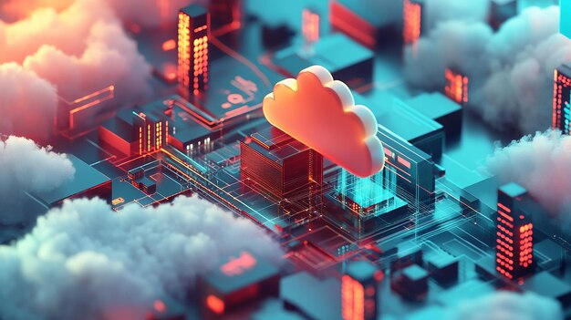 Vector abstract cloud computing and digital data transfer with computing networked across cities country and globe with virtualization approach isometric illustration
