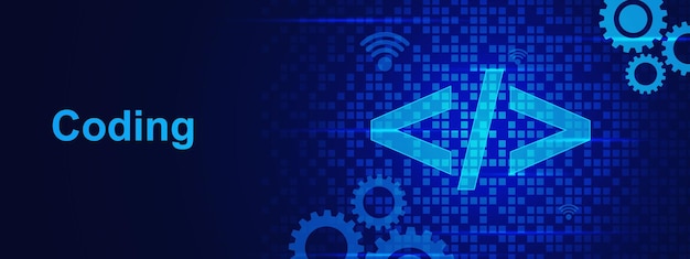 Vector abstract coding and programming banner background with digital binary data gears and digital pixels