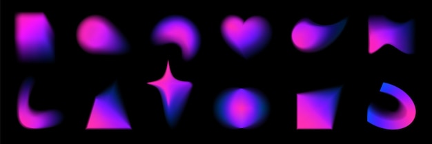 Vector abstract color gradient shapes holographic iridescent square triangle heart circle with liquid bright gradient blur with soft neon light vector shapes