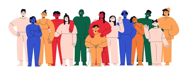 Vector abstract community, diverse people group portrait. social diversity, support, equality concept. friendly inclusive united society. colored flat graphic vector illustration isolated on white background