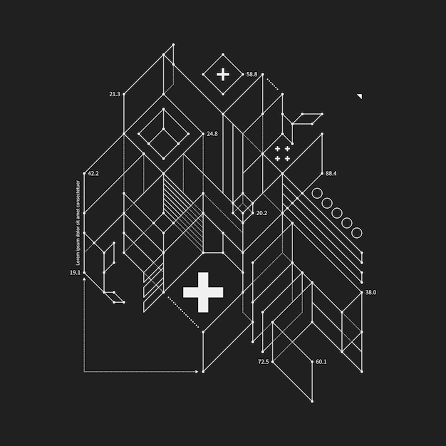 Vector abstract design element in draft style on black background. useful for techno prints and posters.