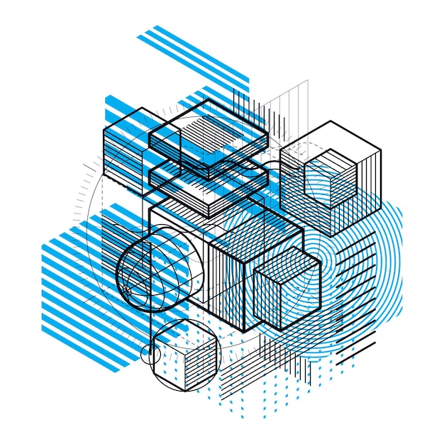 Vector abstract design with 3d linear mesh shapes and figures, vector isometric background. cubes, hexagons, squares, rectangles and different abstract elements.