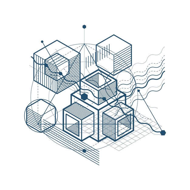 Vector abstract design with 3d linear mesh shapes and figures, vector isometric background. cubes, hexagons, squares, rectangles and different abstract elements.