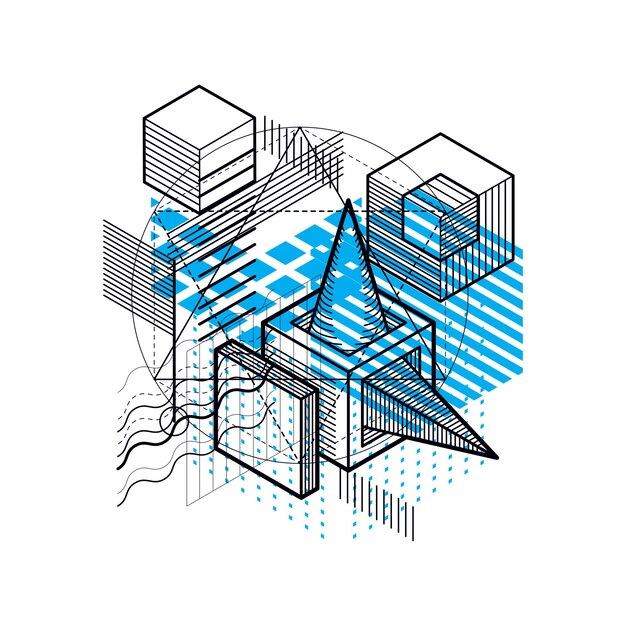 Vector abstract design with 3d linear mesh shapes and figures, vector isometric background. cubes, hexagons, squares, rectangles and different abstract elements.
