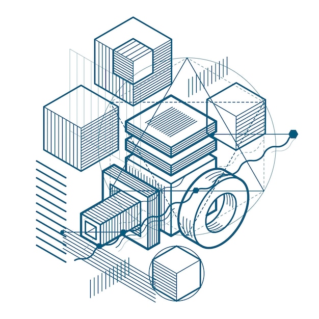 Vector abstract design with 3d linear mesh shapes and figures, vector isometric background. cubes, hexagons, squares, rectangles and different abstract elements.