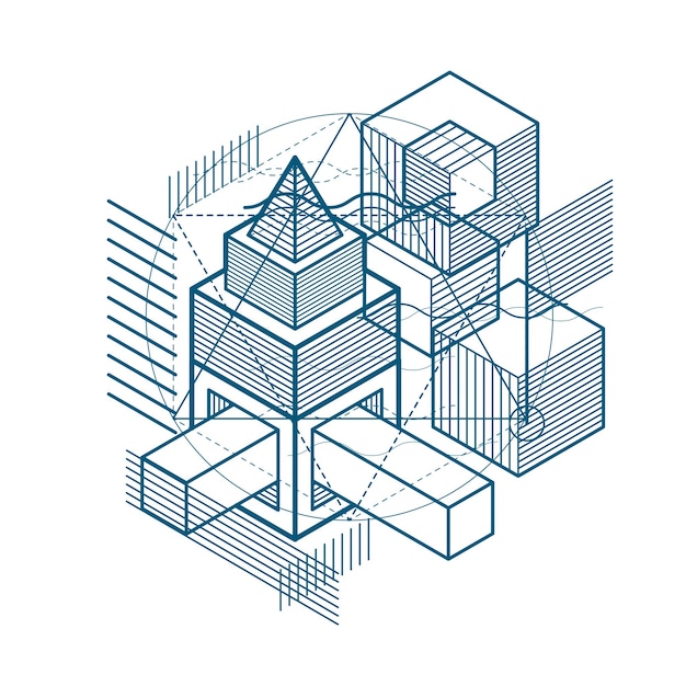 Vector abstract design with 3d linear mesh shapes and figures, vector isometric background. cubes, hexagons, squares, rectangles and different abstract elements.