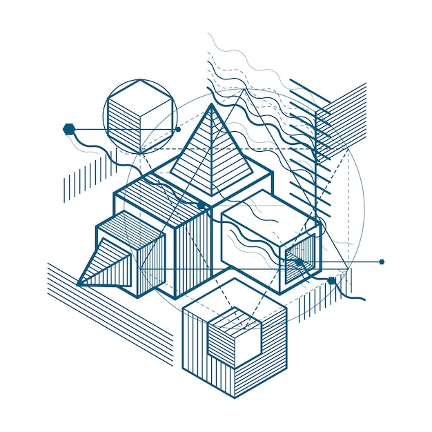 Vector abstract design with 3d linear mesh shapes and figures, vector isometric background. cubes, hexagons, squares, rectangles and different abstract elements.