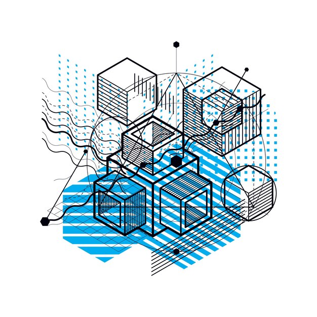 Vector abstract design with 3d linear mesh shapes and figures, vector isometric background. cubes, hexagons, squares, rectangles and different abstract elements.