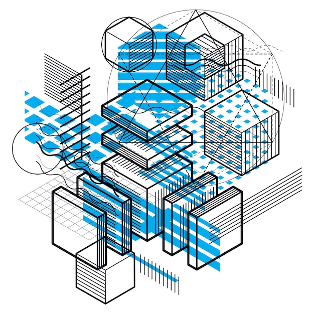 Vector abstract design with 3d linear mesh shapes and figures, vector isometric background. cubes, hexagons, squares, rectangles and different abstract elements.