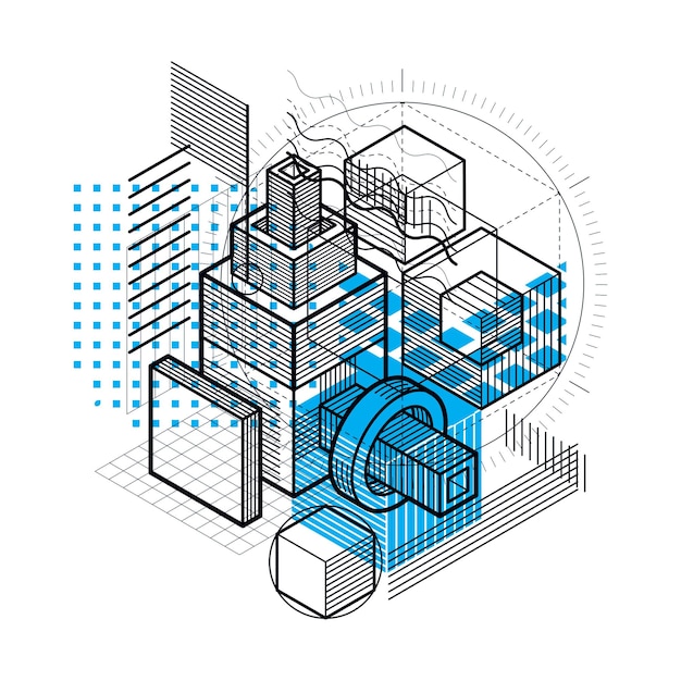 Vector abstract design with 3d linear mesh shapes and figures, vector isometric background. cubes, hexagons, squares, rectangles and different abstract elements.