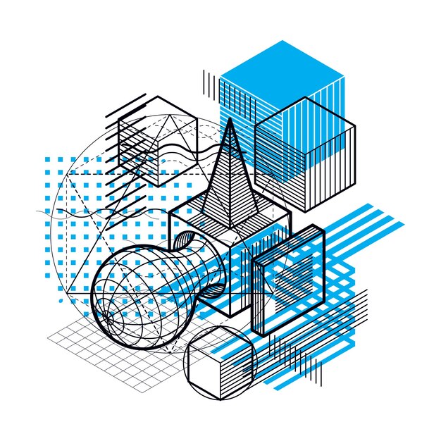 Vector abstract design with 3d linear mesh shapes and figures, vector isometric background. cubes, hexagons, squares, rectangles and different abstract elements.
