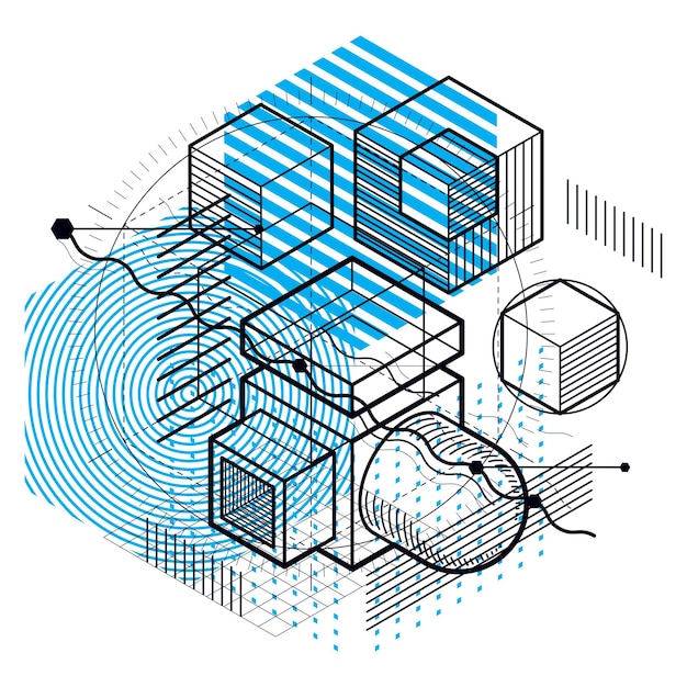 Vector abstract design with 3d linear mesh shapes and figures, vector isometric background. cubes, hexagons, squares, rectangles and different abstract elements.