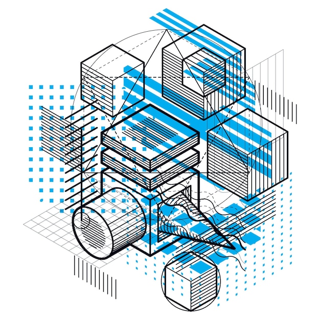 Vector abstract design with 3d linear mesh shapes and figures, vector isometric background. cubes, hexagons, squares, rectangles and different abstract elements.