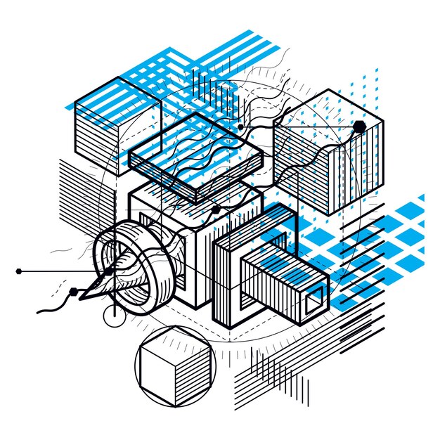 Vector abstract design with 3d linear mesh shapes and figures, vector isometric background. cubes, hexagons, squares, rectangles and different abstract elements.