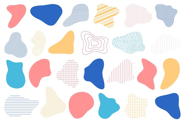 Vector abstract fluid shapes, graphic design elements with patterns. modern dynamic liquid forms. wave blots with line and dot texture vector set. form curvy pattern, wave splash illustration