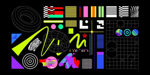 Vector abstract geometric shapes composition on black backdrop