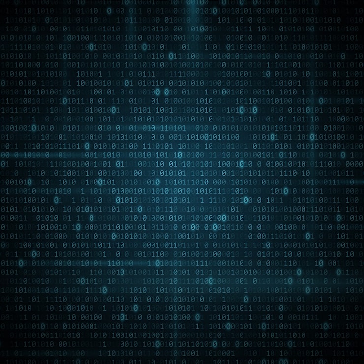 Abstract glowing binary programming code background. Digital data. High technology concept.