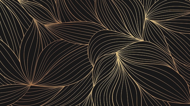 Vector abstract golden botanical leaves line pattern on black background