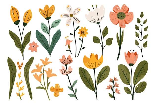 Vector abstract hand drawn abstract wildflowers set flowers and leaves flat icons vector illustration