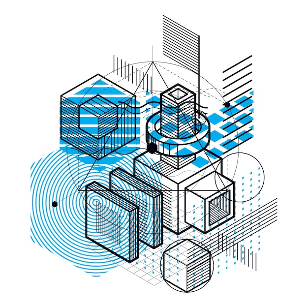 Vector abstract isometrics background, 3d vector layout. composition of cubes, hexagons, squares, rectangles and different abstract elements.