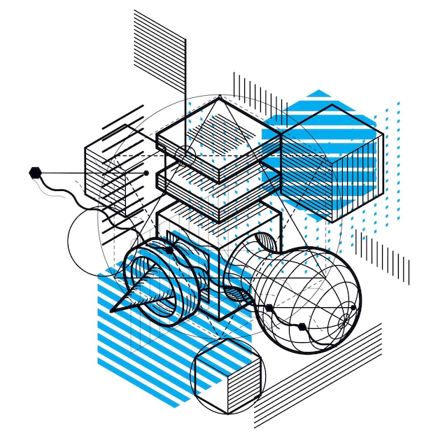 Vector abstract isometrics background, 3d vector layout. composition of cubes, hexagons, squares, rectangles and different abstract elements.