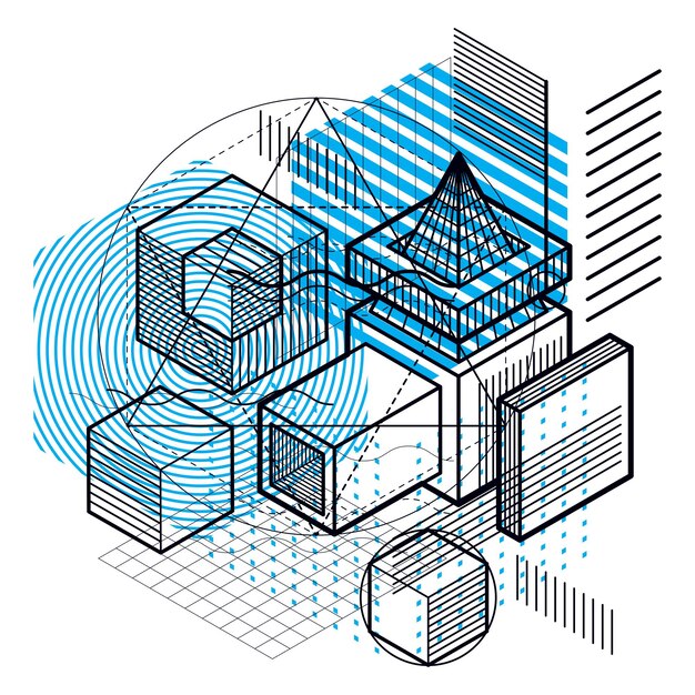 Vector abstract isometrics background, 3d vector layout. composition of cubes, hexagons, squares, rectangles and different abstract elements.