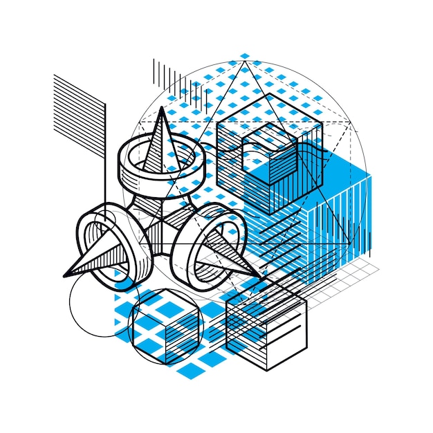 Vector abstract isometrics background, 3d vector layout. composition of cubes, hexagons, squares, rectangles and different abstract elements.