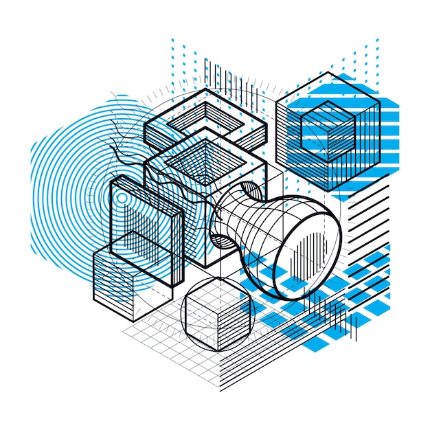 Vector abstract isometrics background, 3d vector layout. composition of cubes, hexagons, squares, rectangles and different abstract elements.