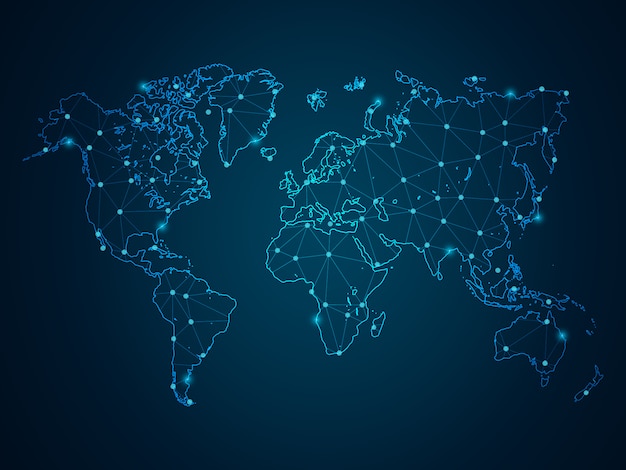 Vector abstract mash line and point scales on dark background with map world. wire frame 3d mesh polygonal network line, design sphere, dot and structure.