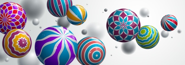 Vector abstract realistic glossy spheres vector background, composition of flying balls decorated with patterns, 3d mixed lined globes, depth of field effect.