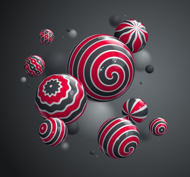 Vector abstract realistic glossy spheres vector background, composition of flying balls decorated with patterns, 3d mixed lined globes, depth of field effect.