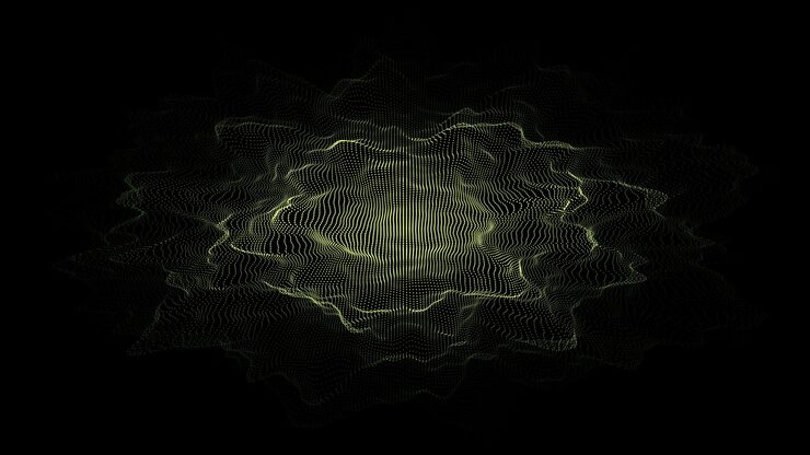 Abstract technology wave with motion glowing dots AI in virtual reality on digital background Particle explosion Wireframe texture Dynamic analysis a network connection data