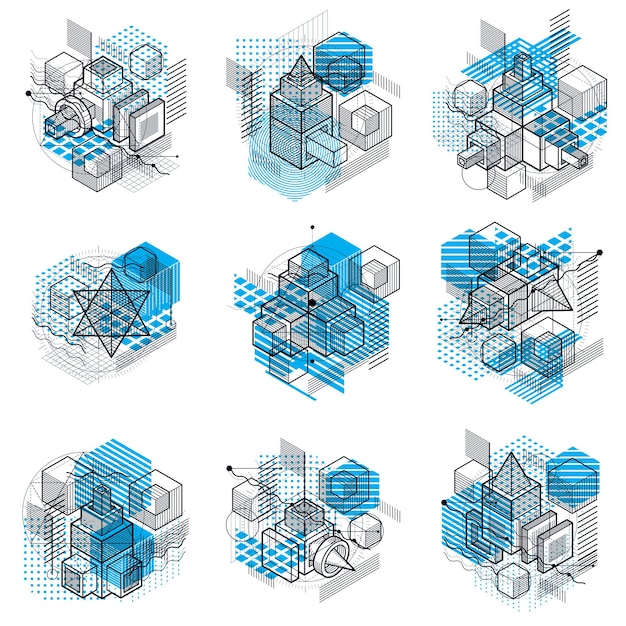 Vector abstract vector backgrounds with isometric lines and shapes. cubes, hexagons, squares, rectangles and different abstract elements. vector collection.