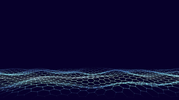 abstract vector technology hexagon wave with dots and lines dark cyberspace in digital background