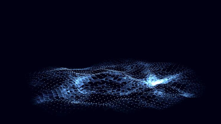 Abstract vector technology wave in the center with motion dots and lines AI in virtual reality on digital background Wireframe texture Dynamic analysis a network connection data