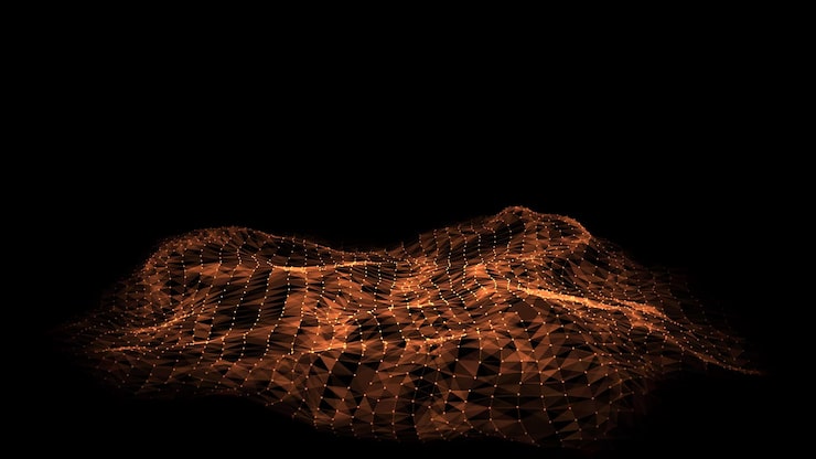 Abstract vector technology wave in the center with motion dots and lines AI in virtual reality on digital background Wireframe texture Dynamic analysis a network connection data